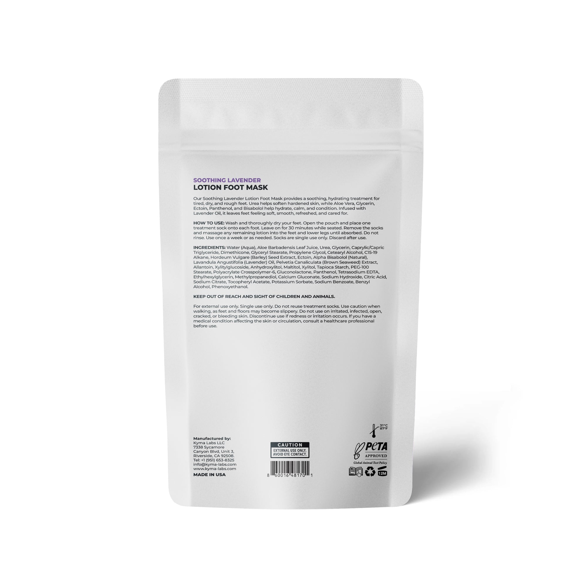The back of a white stand-up pouch package for Lotion Foot Mask, featuring black and purple text, a barcode, and certification logos, set against a plain white background.